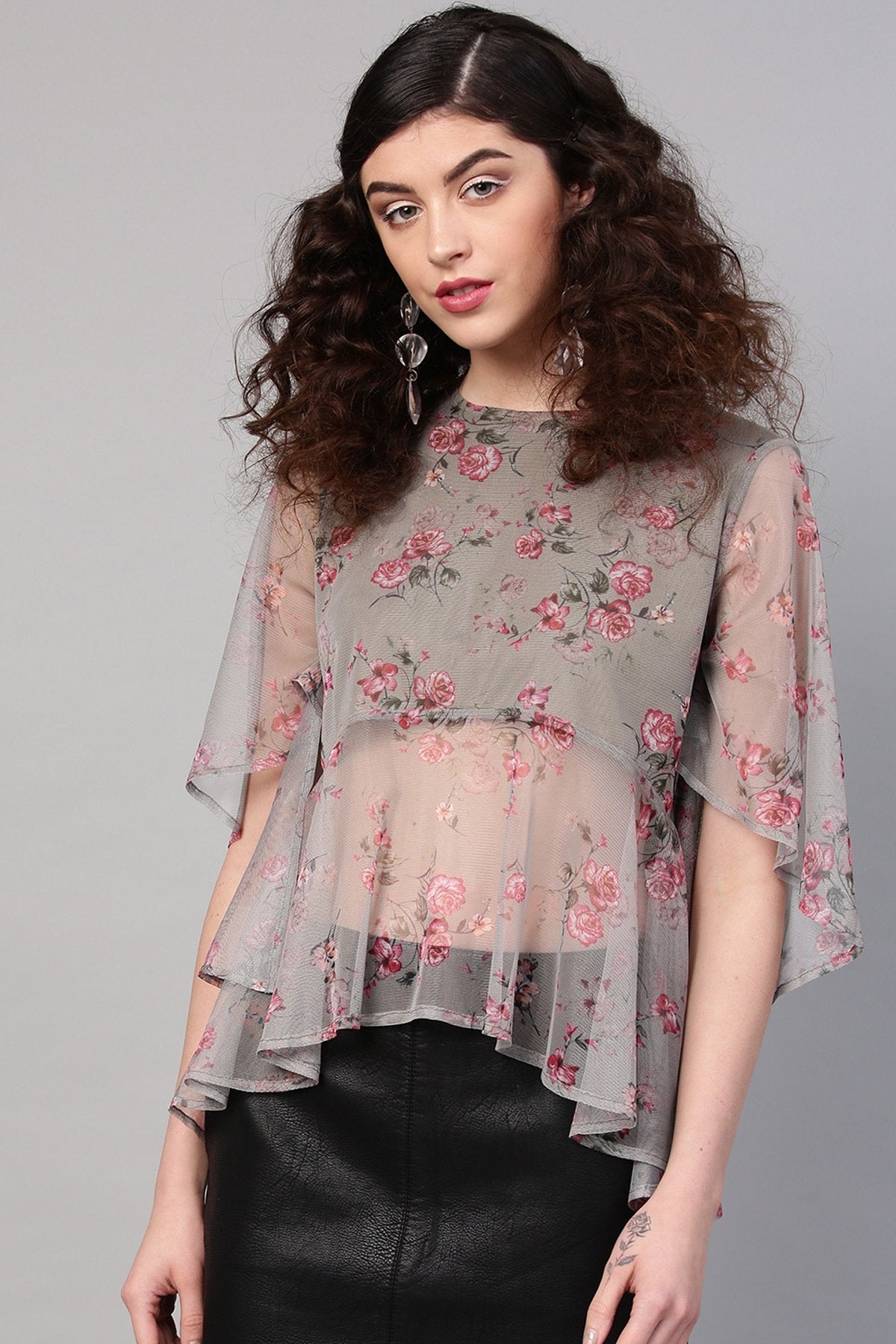 Women's Green Mesh Floral Cape Sleeve Top
