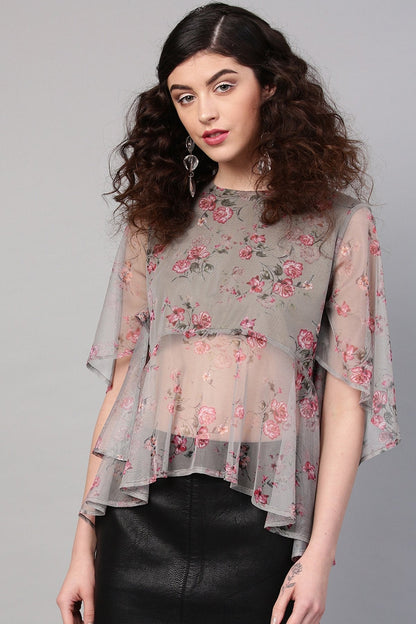 Women's Green Mesh Floral Cape Sleeve Top