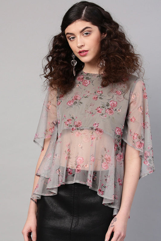 Women's Green Mesh Floral Cape Sleeve Top