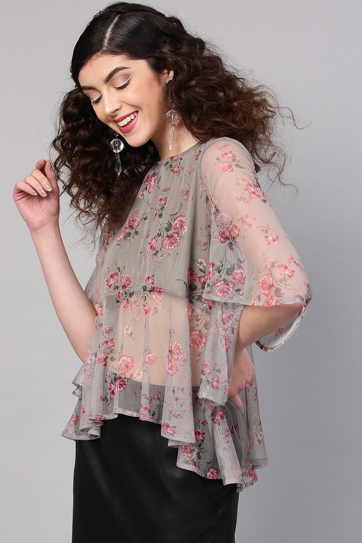 Women's Green Mesh Floral Cape Sleeve Top