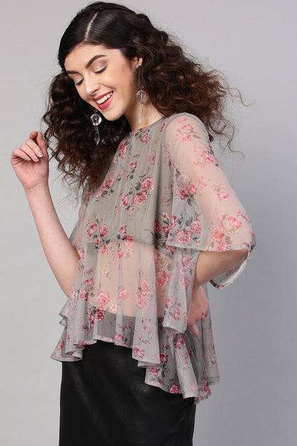 Women's Green Mesh Floral Cape Sleeve Top