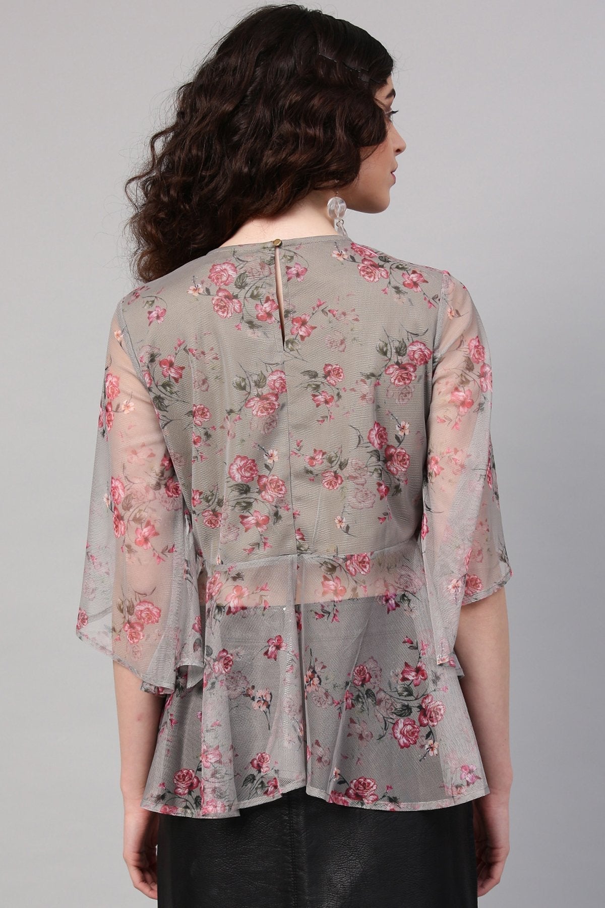 Women's Green Mesh Floral Cape Sleeve Top