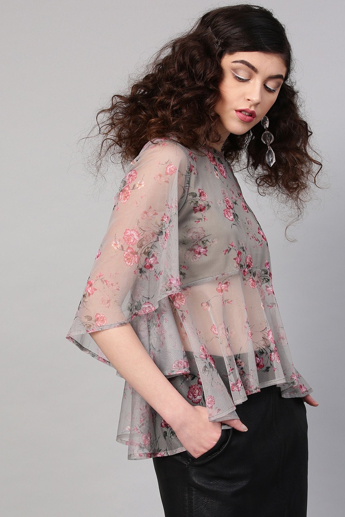 Women's Green Mesh Floral Cape Sleeve Top