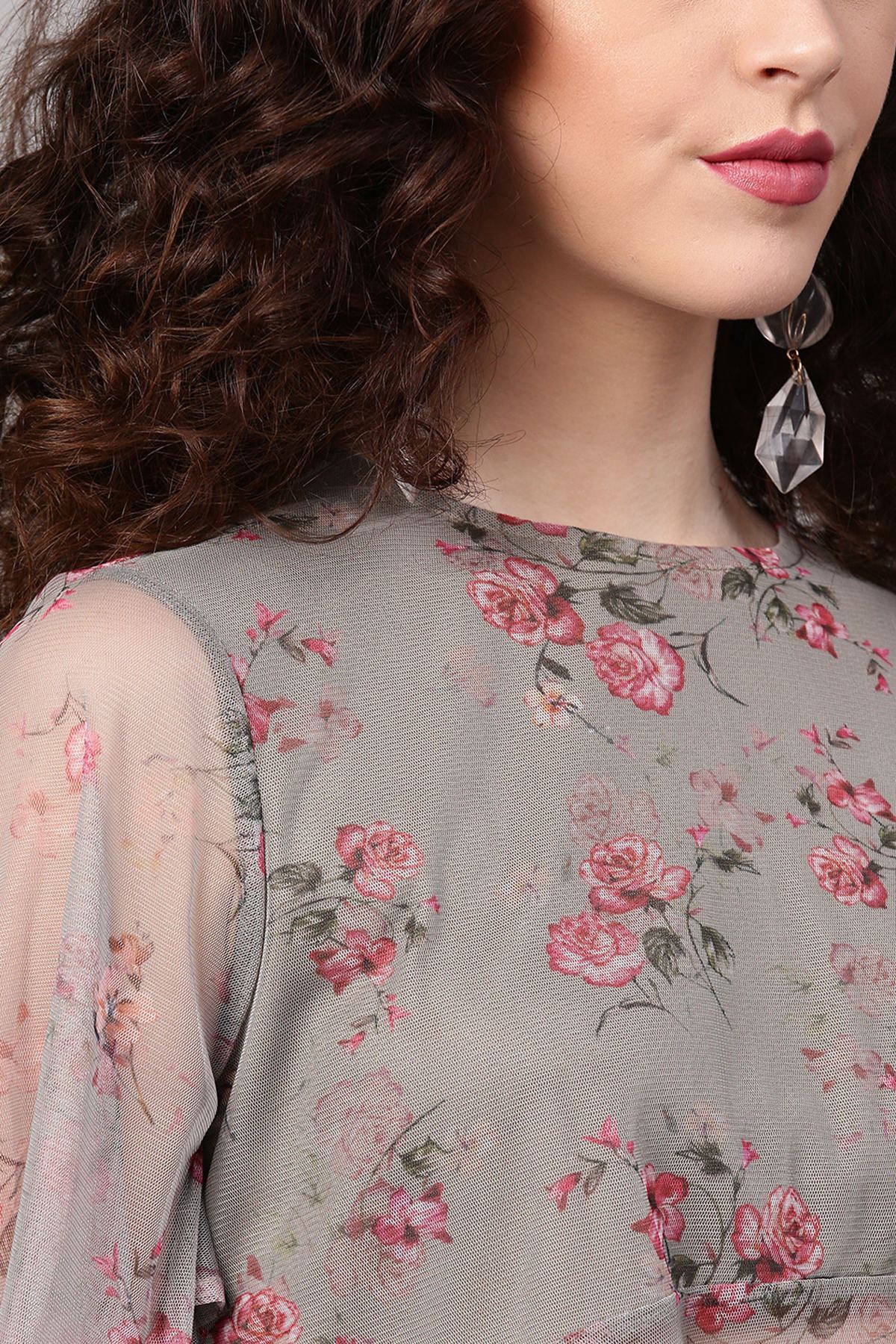 Women's Green Mesh Floral Cape Sleeve Top