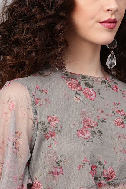 Women's Green Mesh Floral Cape Sleeve Top
