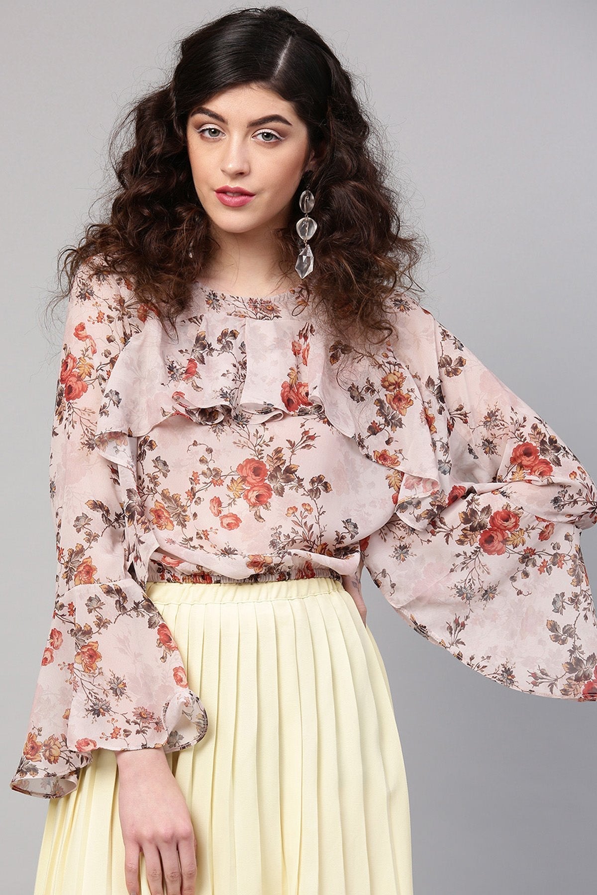 Women's Taupe Floral Front Ruffle Crop Top