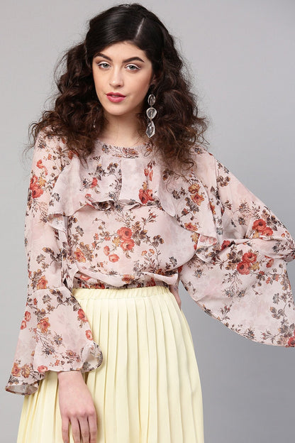 Women's Taupe Floral Front Ruffle Crop Top