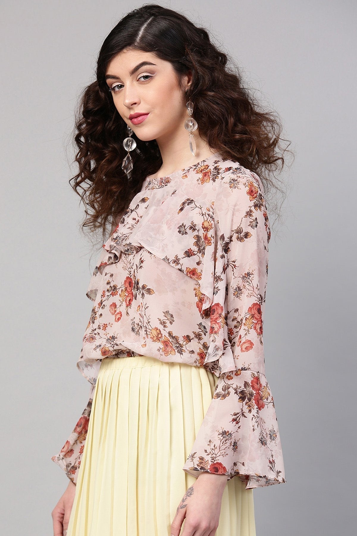 Women's Taupe Floral Front Ruffle Crop Top
