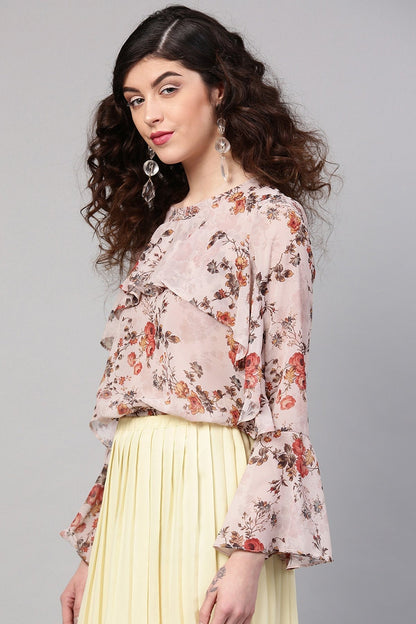 Women's Taupe Floral Front Ruffle Crop Top