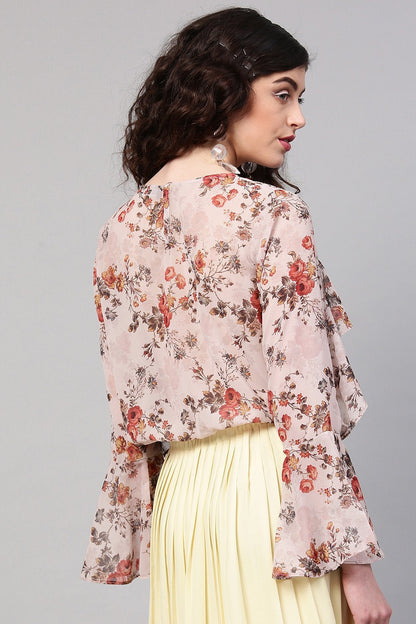 Women's Taupe Floral Front Ruffle Crop Top
