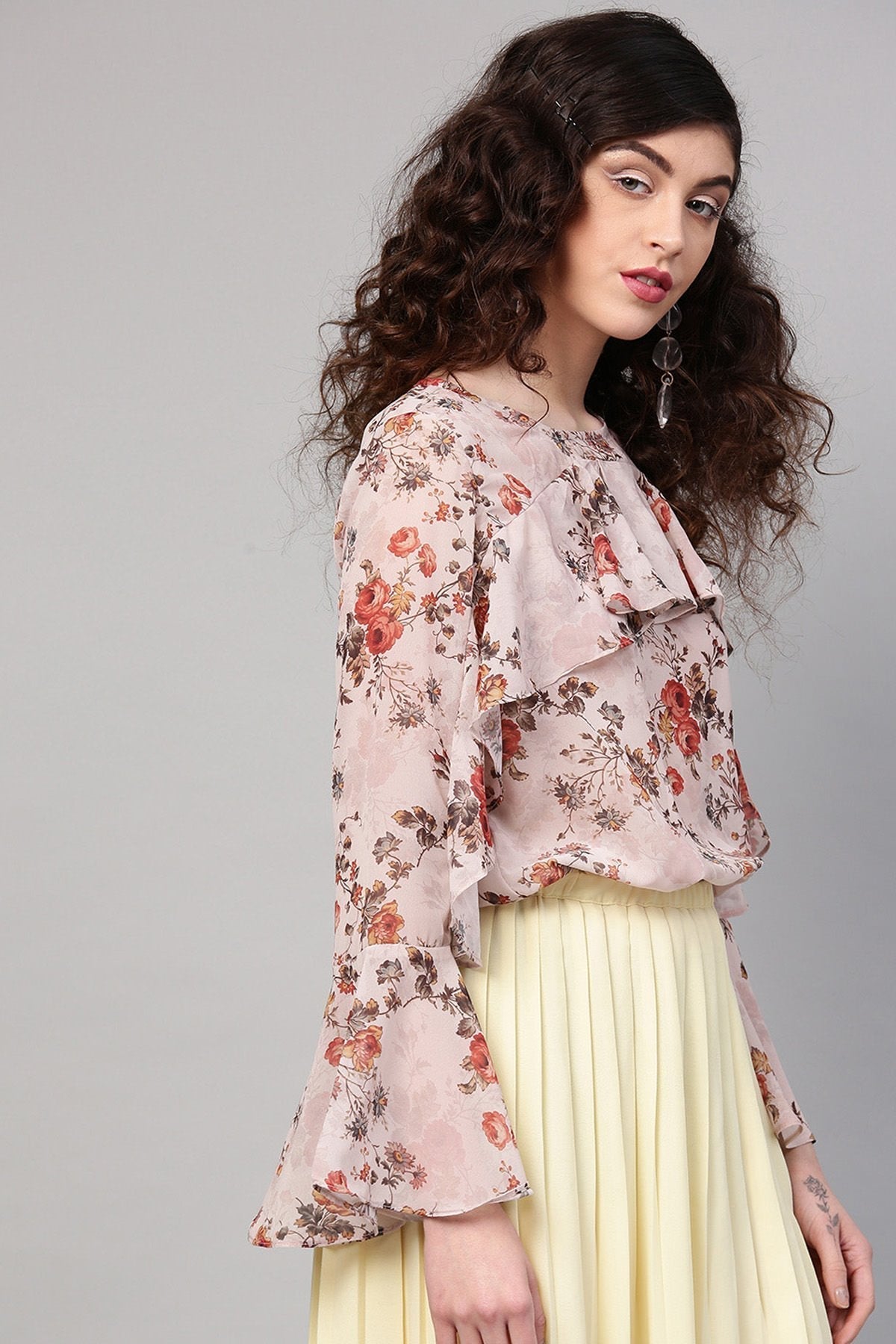 Women's Taupe Floral Front Ruffle Crop Top