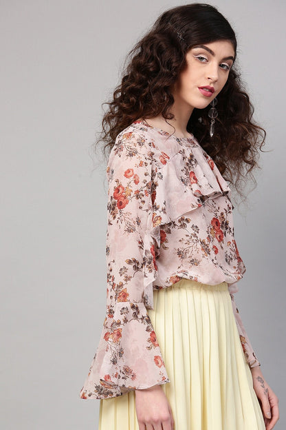 Women's Taupe Floral Front Ruffle Crop Top