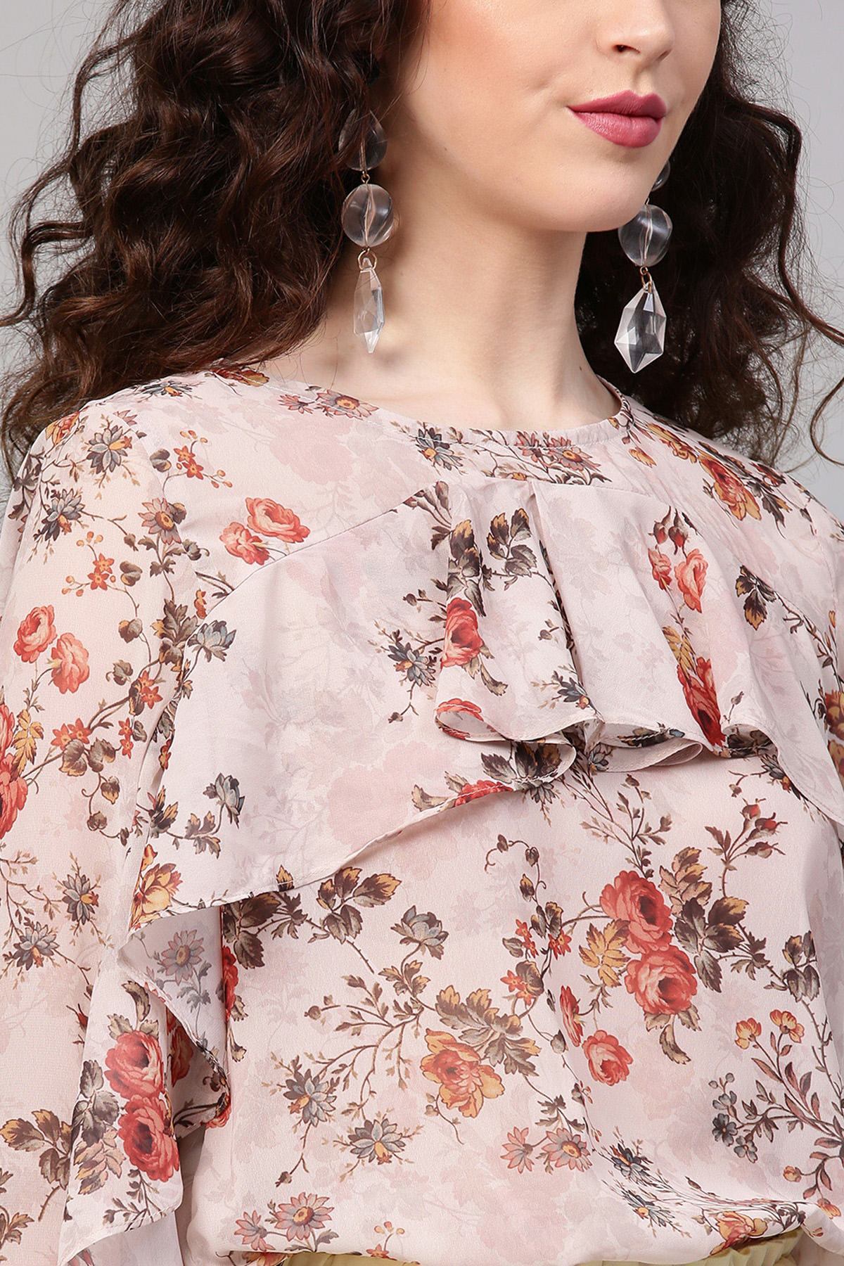 Women's Taupe Floral Front Ruffle Crop Top