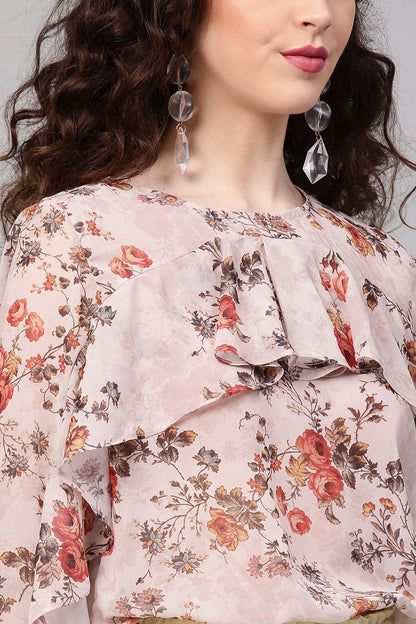 Women's Taupe Floral Front Ruffle Crop Top