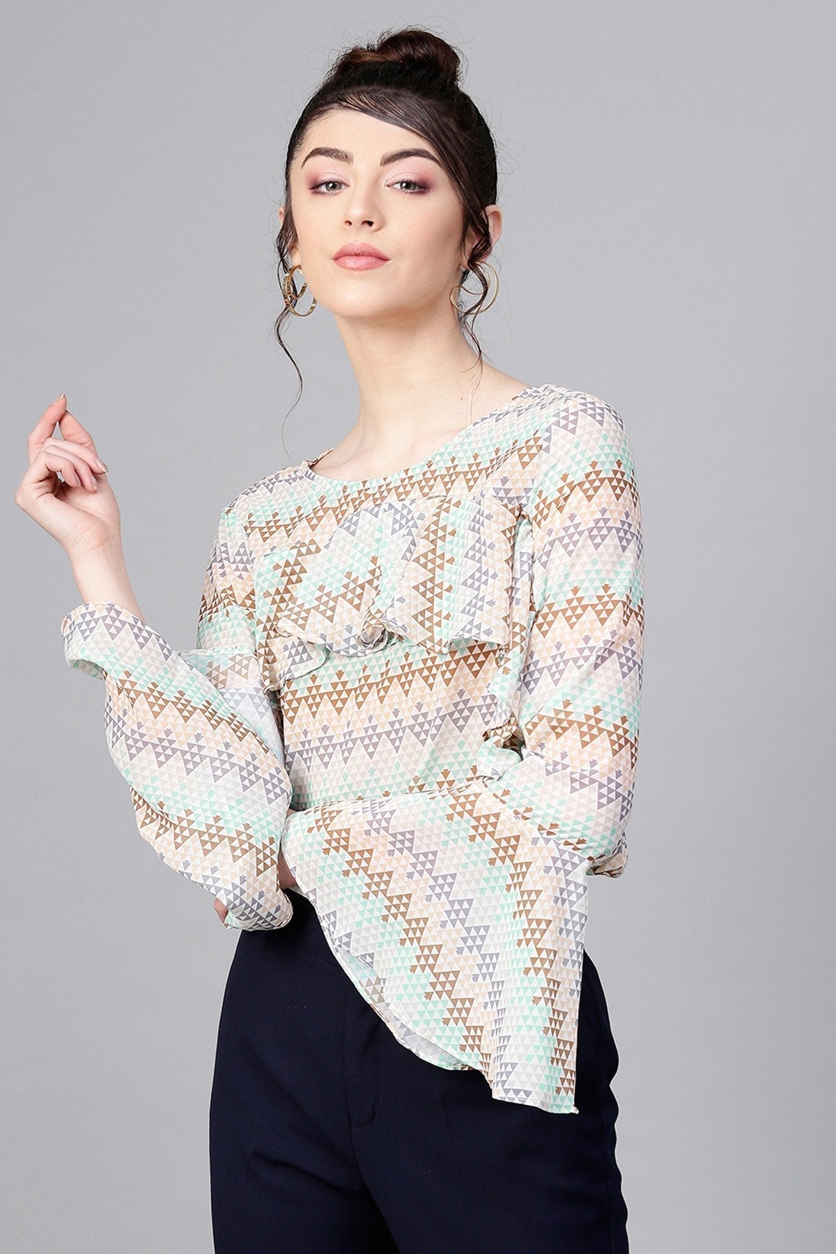Women's Geometric Pattern Front Ruffle Crop Top