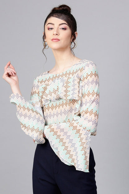 Women's Geometric Pattern Front Ruffle Crop Top