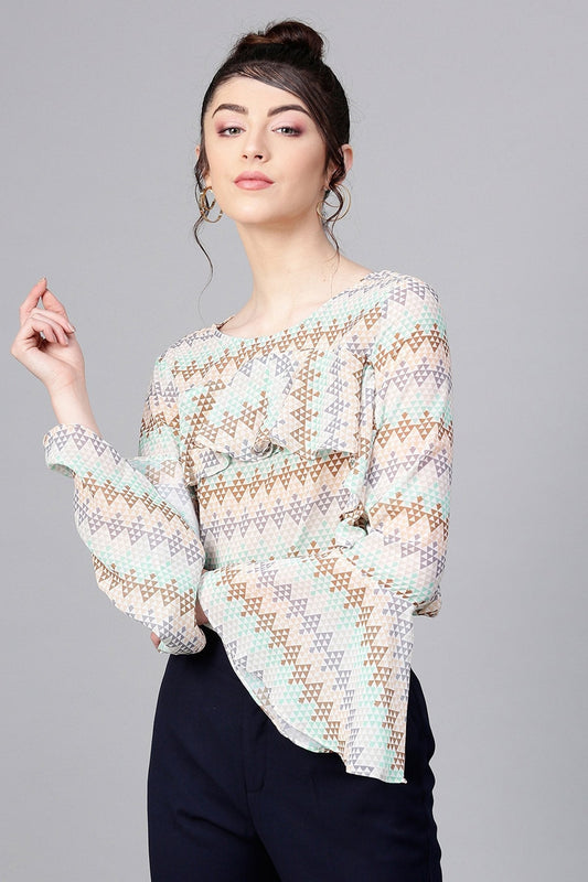 Women's Geometric Pattern Front Ruffle Crop Top