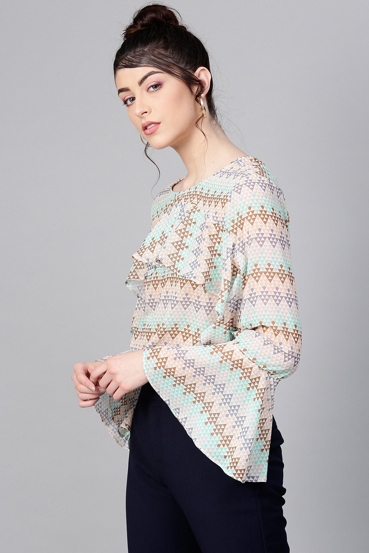 Women's Geometric Pattern Front Ruffle Crop Top