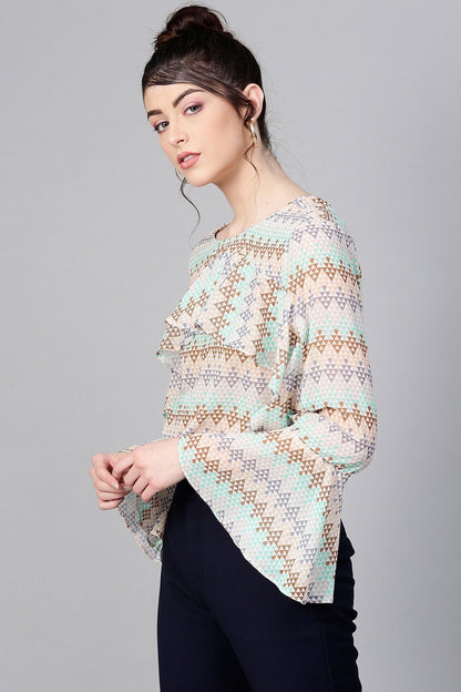 Women's Geometric Pattern Front Ruffle Crop Top