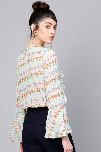 Women's Geometric Pattern Front Ruffle Crop Top