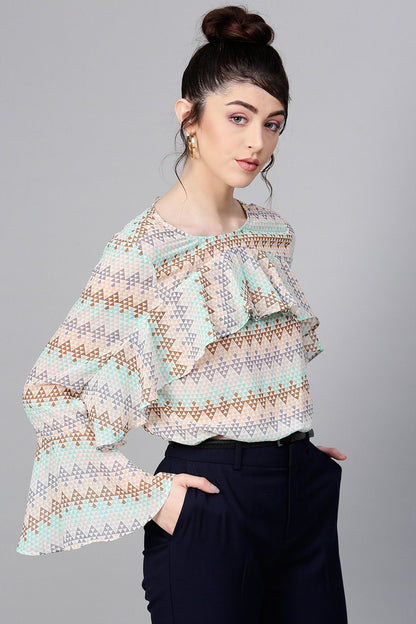 Women's Geometric Pattern Front Ruffle Crop Top