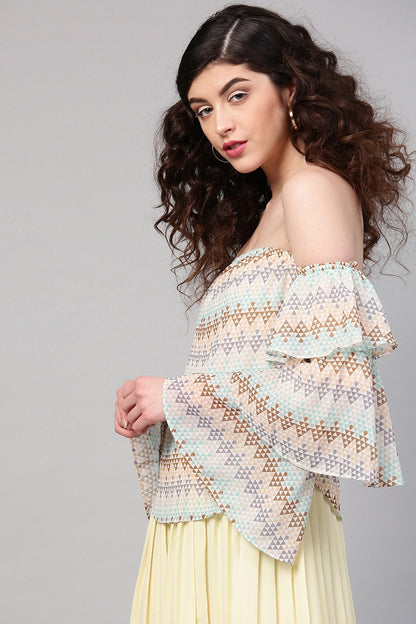 Women's Geometric Pattern Off Shoulder Tiered Sleeves Top