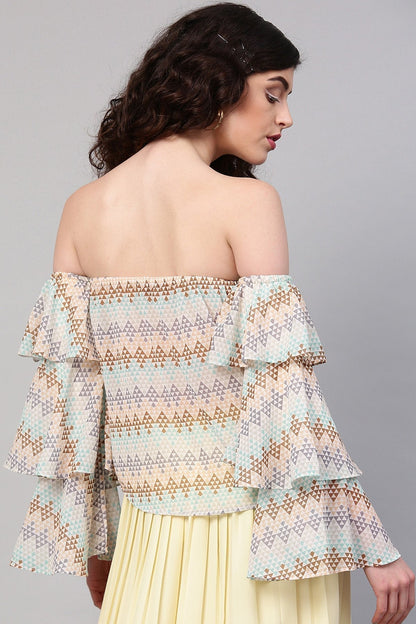 Women's Geometric Pattern Off Shoulder Tiered Sleeves Top