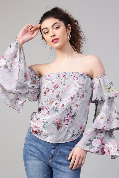 Women's Grey Floral Off Shoulder Tiered Sleeves Top