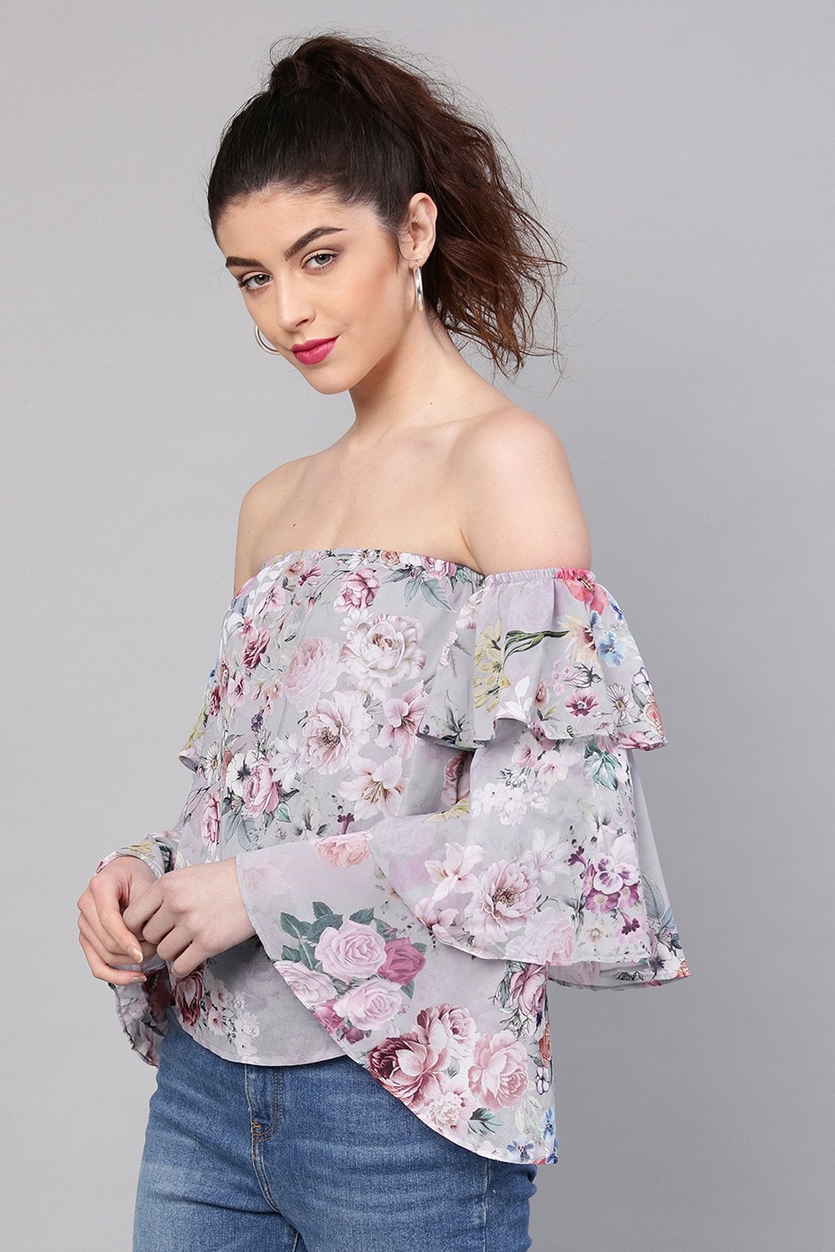 Women's Grey Floral Off Shoulder Tiered Sleeves Top