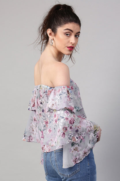 Women's Grey Floral Off Shoulder Tiered Sleeves Top