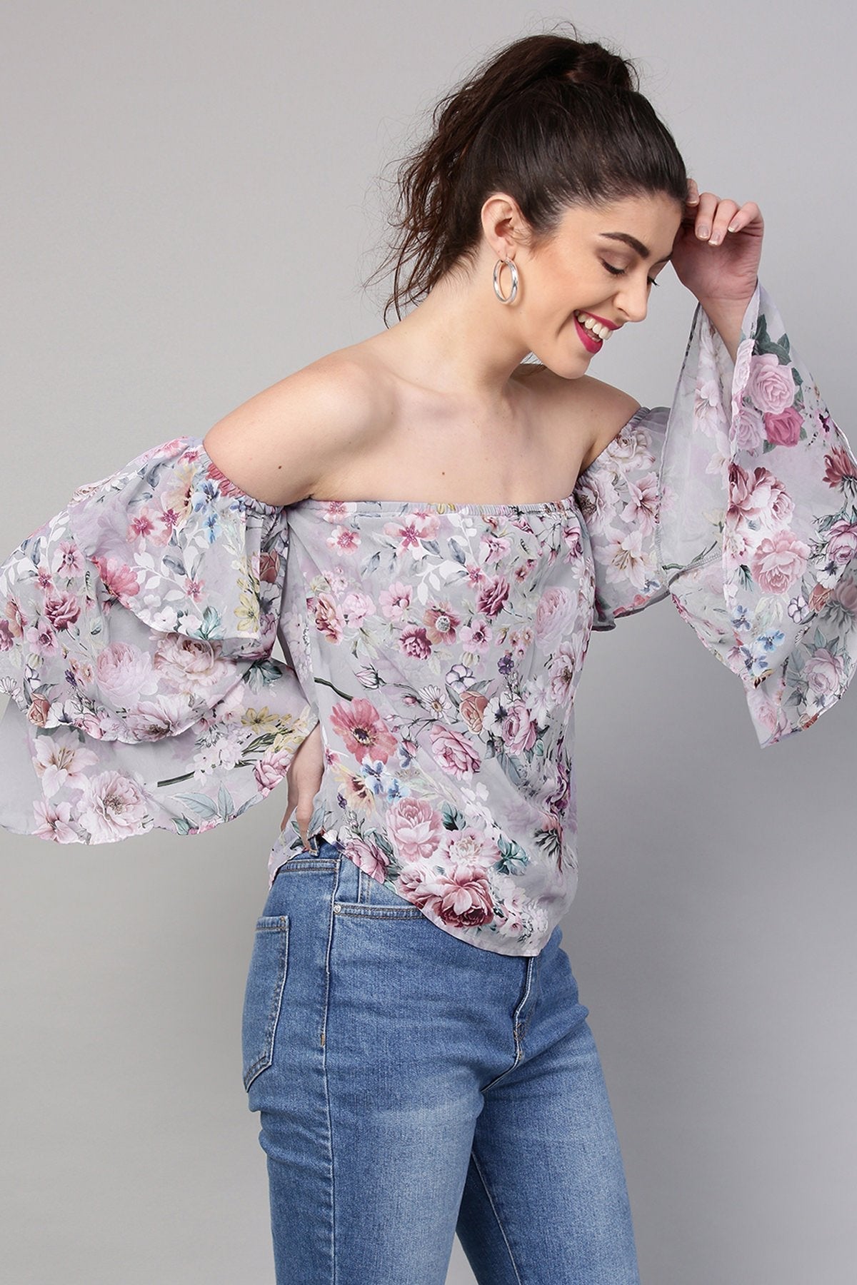 Women's Grey Floral Off Shoulder Tiered Sleeves Top