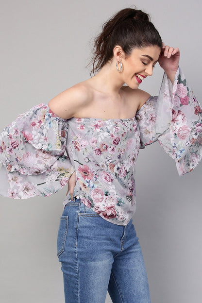 Women's Grey Floral Off Shoulder Tiered Sleeves Top