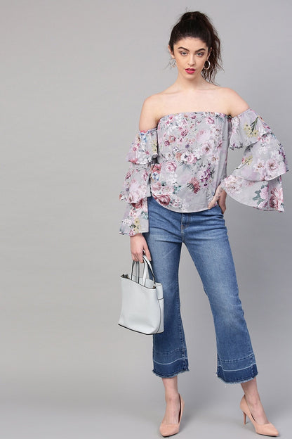 Women's Grey Floral Off Shoulder Tiered Sleeves Top