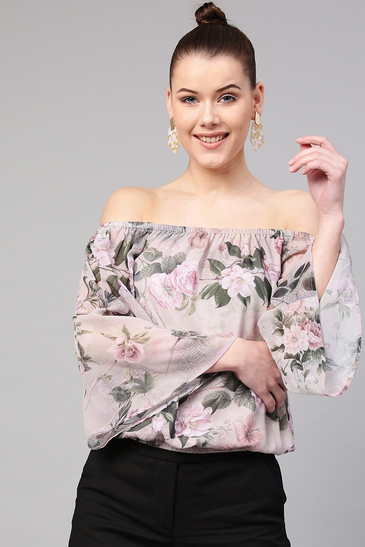 Women's Pista Green Floral Off Shoulder Top