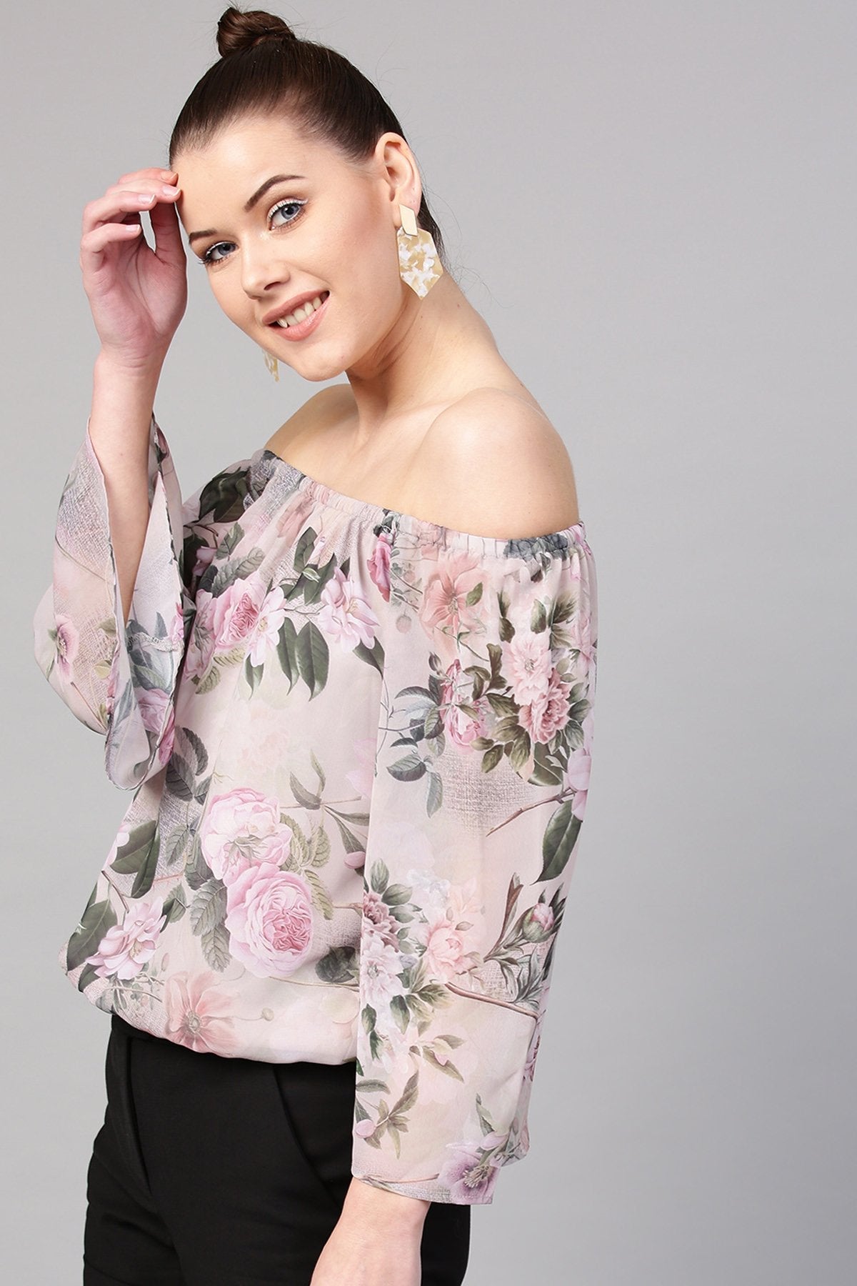 Women's Pista Green Floral Off Shoulder Top