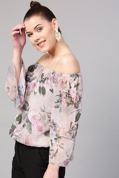 Women's Pista Green Floral Off Shoulder Top