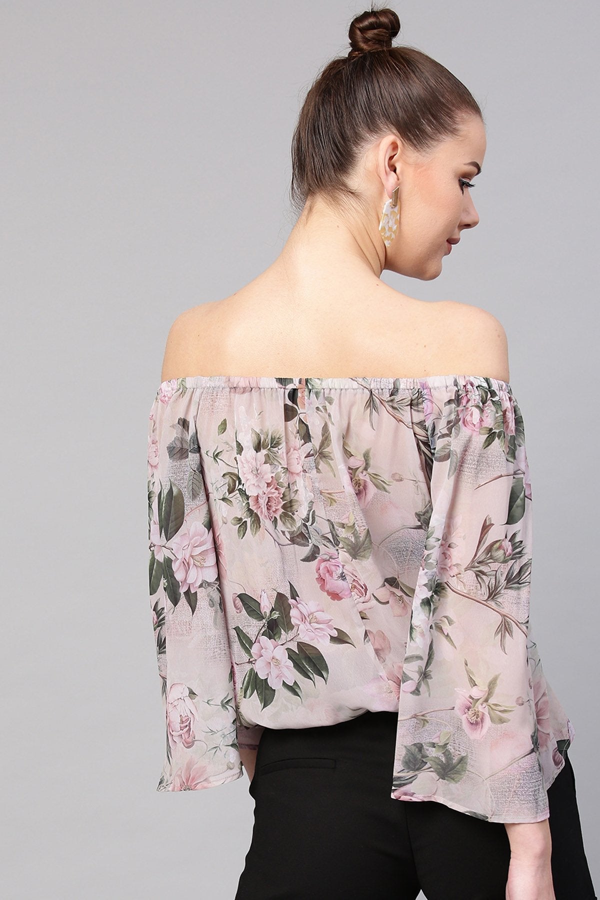 Women's Pista Green Floral Off Shoulder Top