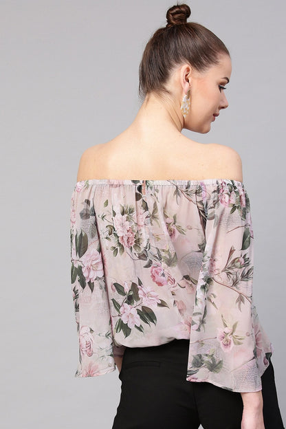 Women's Pista Green Floral Off Shoulder Top
