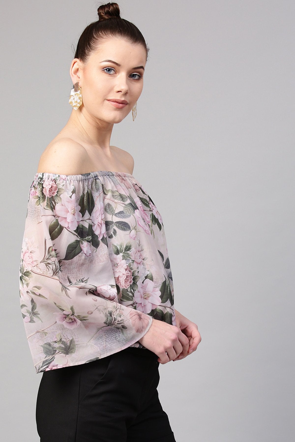 Women's Pista Green Floral Off Shoulder Top