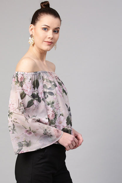 Women's Pista Green Floral Off Shoulder Top