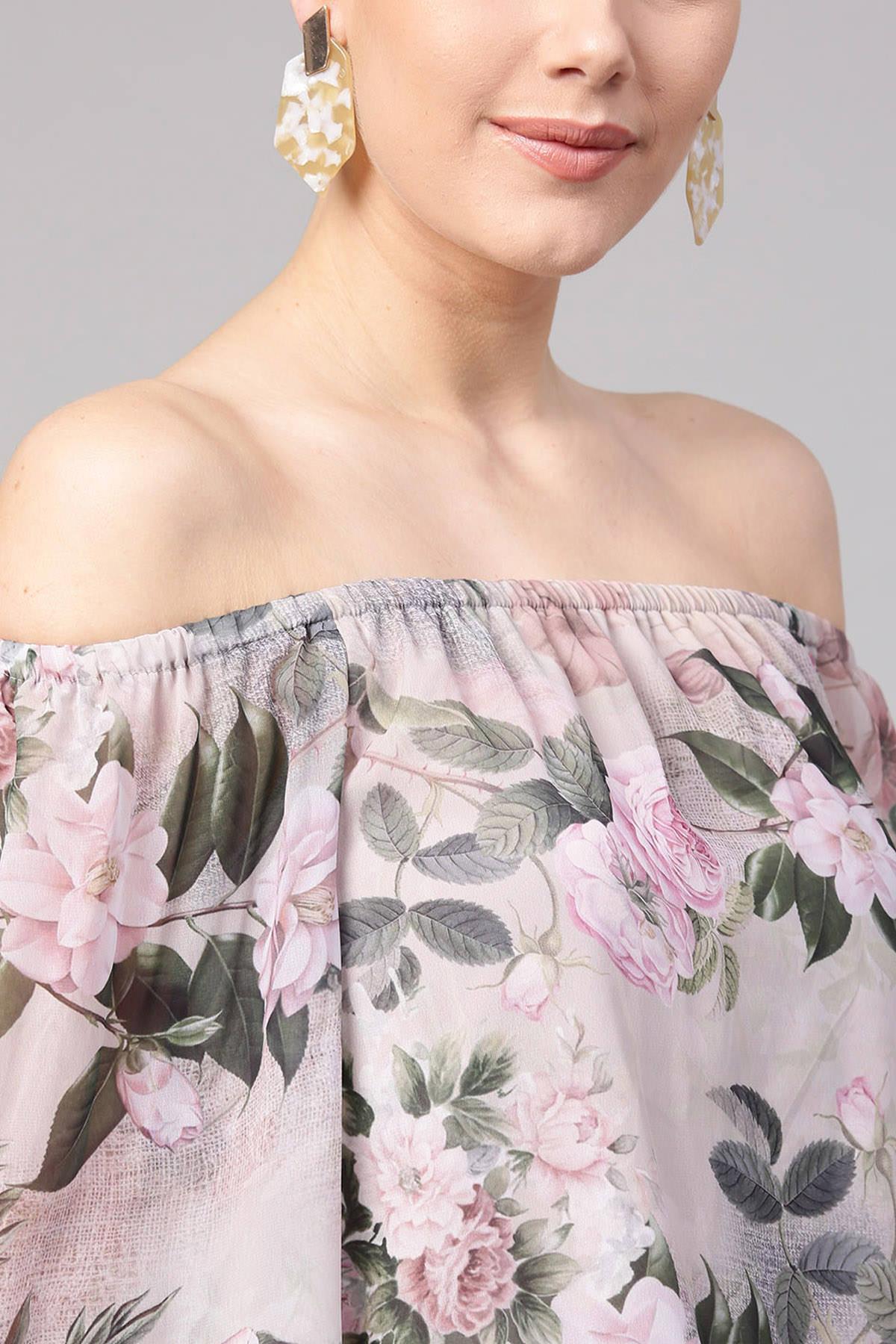 Women's Pista Green Floral Off Shoulder Top
