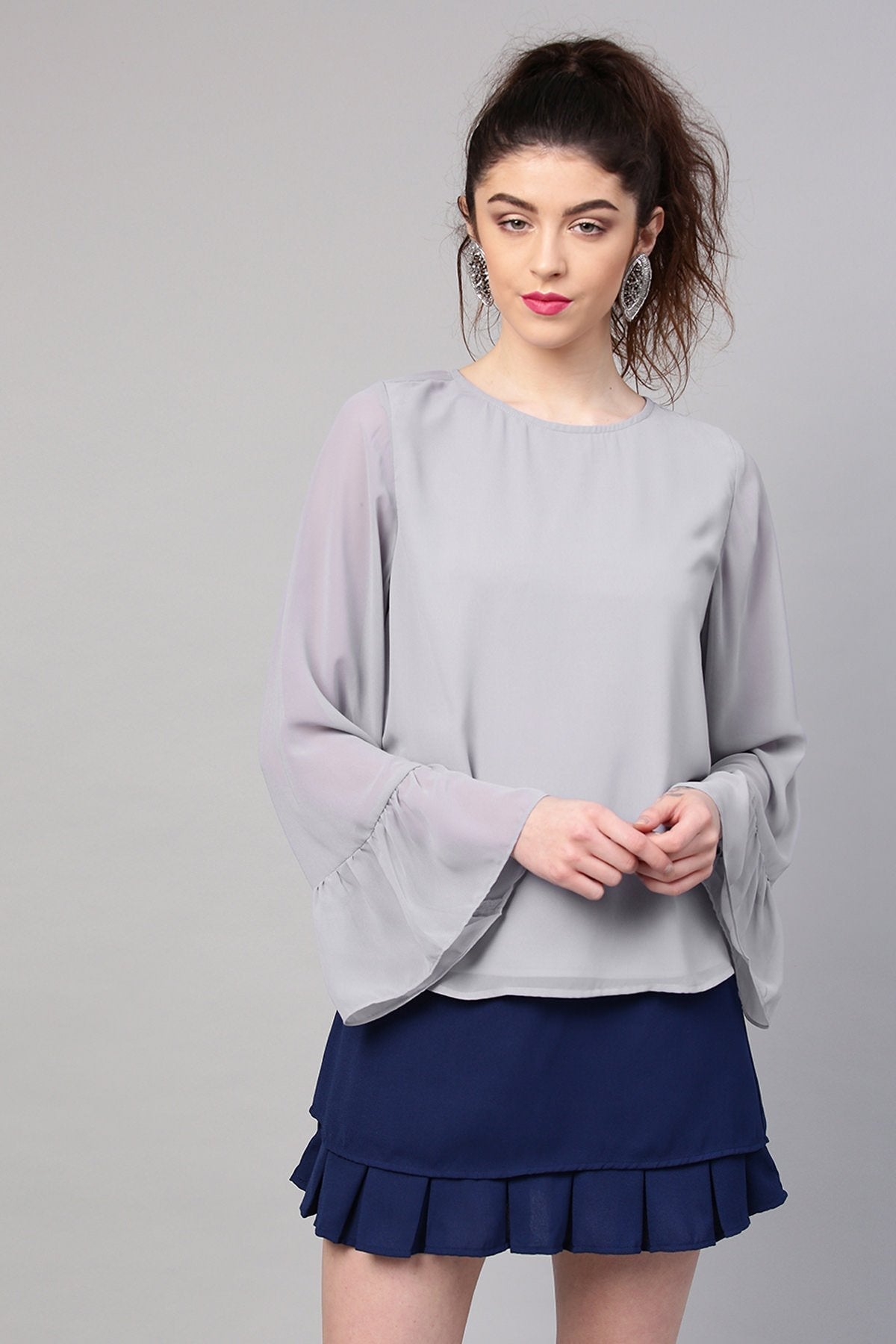 Women's Grey Frill Sleeves Hem Top
