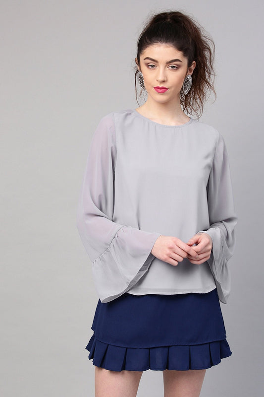 Women's Grey Frill Sleeves Hem Top