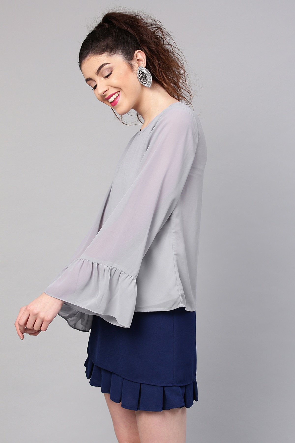 Women's Grey Frill Sleeves Hem Top