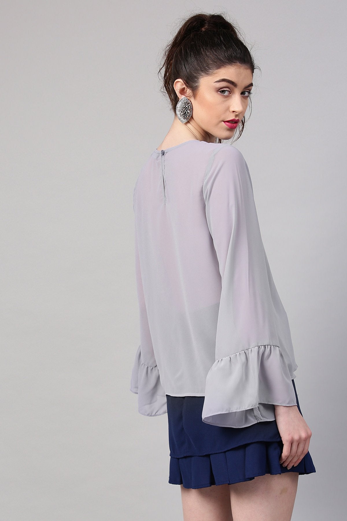 Women's Grey Frill Sleeves Hem Top