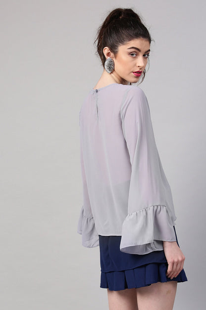 Women's Grey Frill Sleeves Hem Top