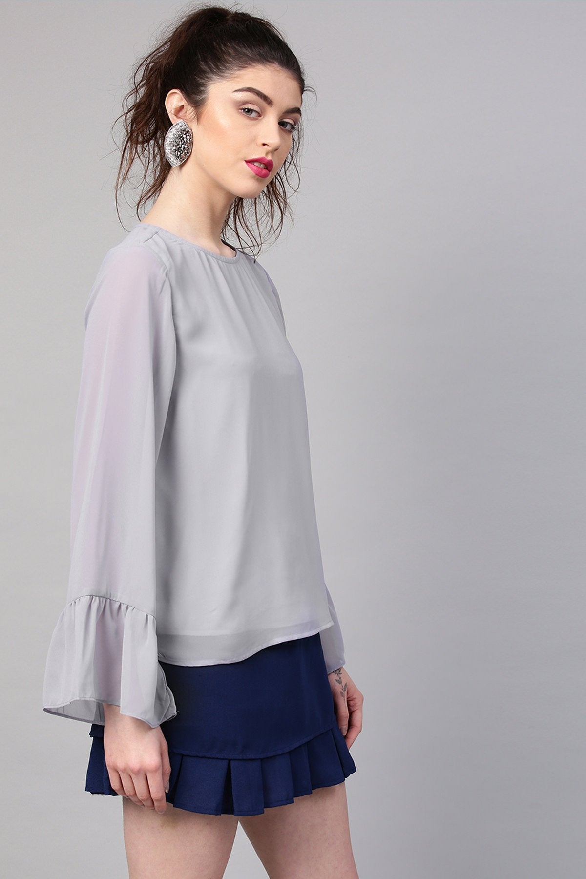 Women's Grey Frill Sleeves Hem Top