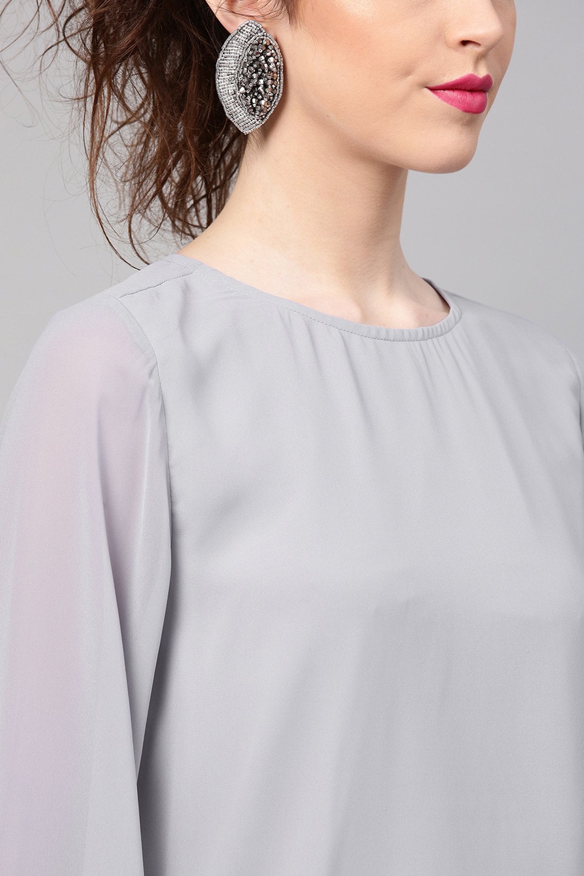 Women's Grey Frill Sleeves Hem Top