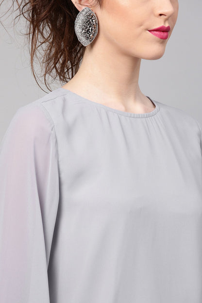 Women's Grey Frill Sleeves Hem Top
