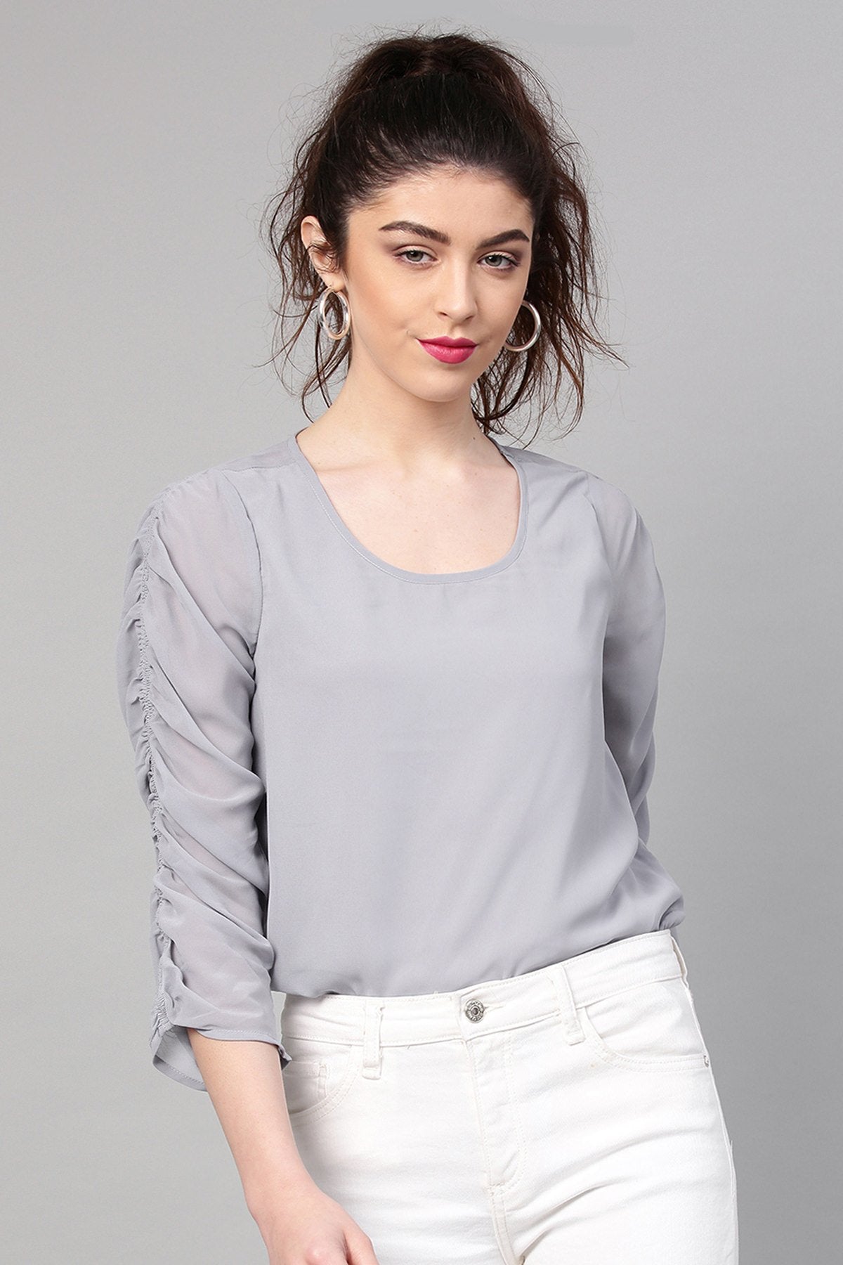Women's Grey Ruched Sleeves Crop Top